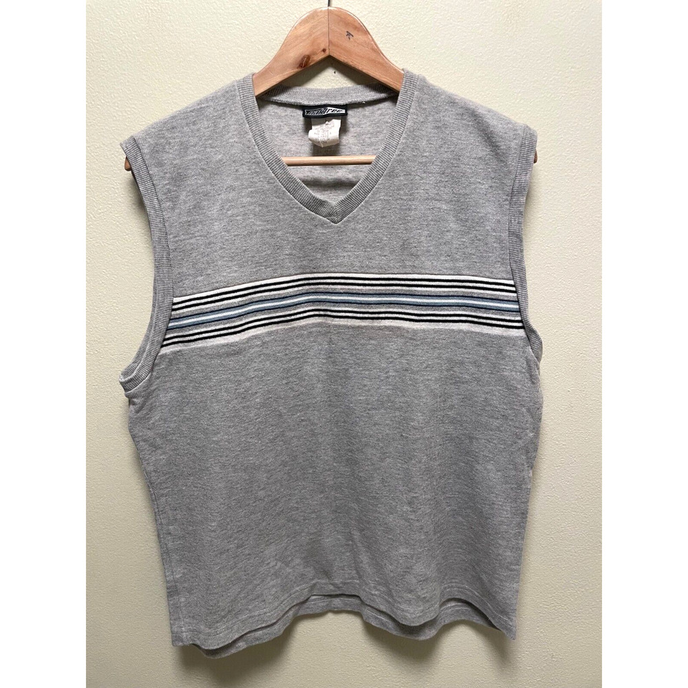 Vintage Mens Sweater Vest Large Gray Striped V Neck Grandpa Fisherman 90s Y2K